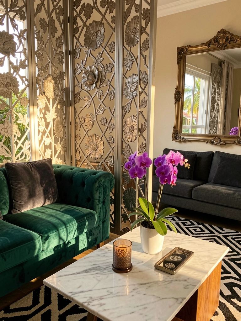 Biombo metálico com padrões florais e geométricos separa sofá de veludo e mesa de mármore com orquídeas roxas, luz natural aquecendo a sala.