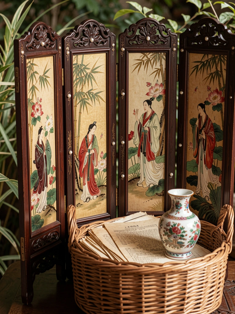 Biombo de madeira escura com pinturas florais e figuras chinesas, cesta de rattan com documentos antigos e vaso de porcelana, luz difusa e folhagem ao fundo.