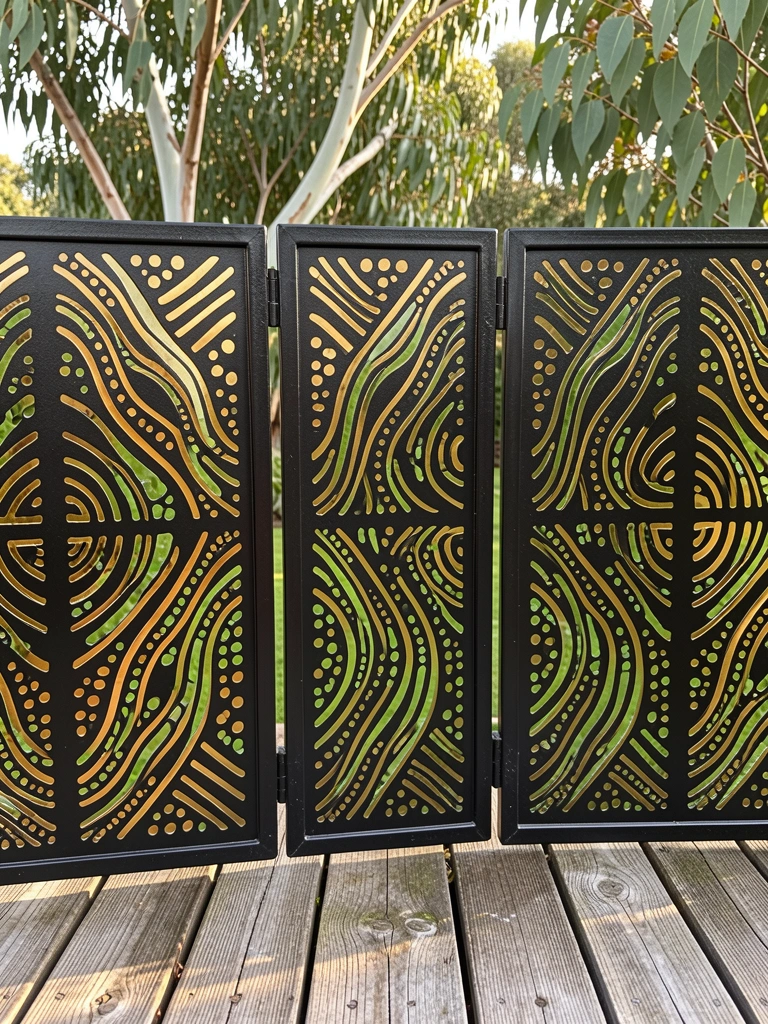 Três painéis metálicos pretos com padrões geométricos dourados, luz natural sobre deck de madeira, jardim verde desfocado ao fundo.
