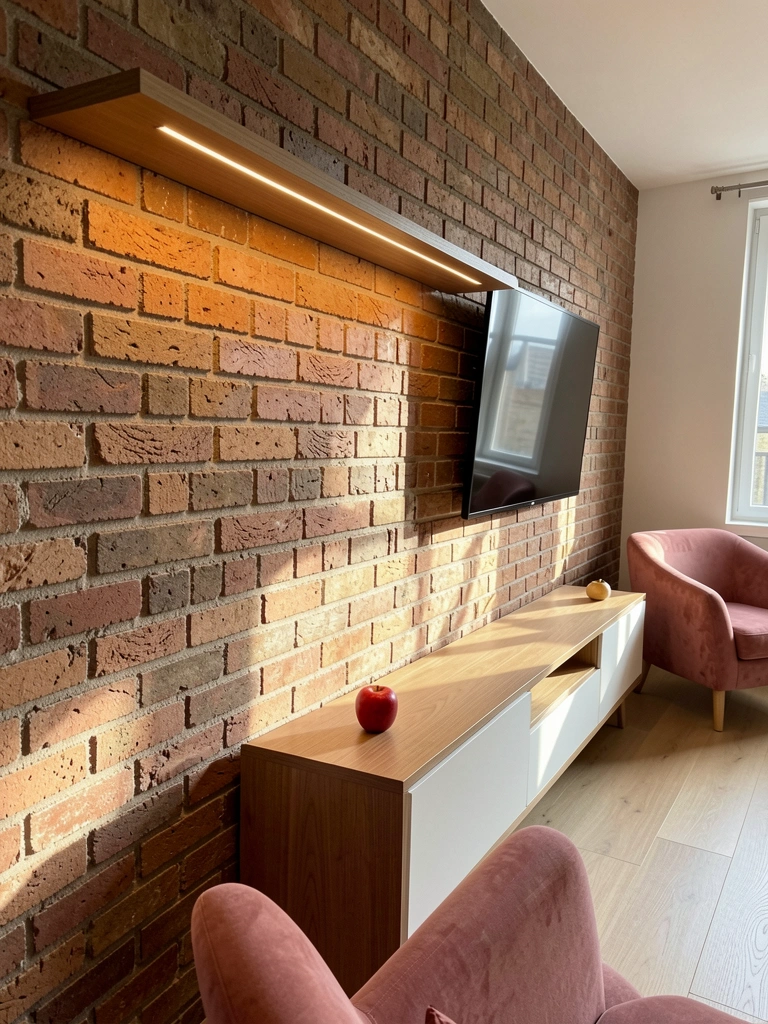Tijolos aparentes texturizados, prateleira flutuante com fita de LED, console de madeira com gavetas brancas, poltronas rosa poeira e uma maçã vermelha sobre o móvel.