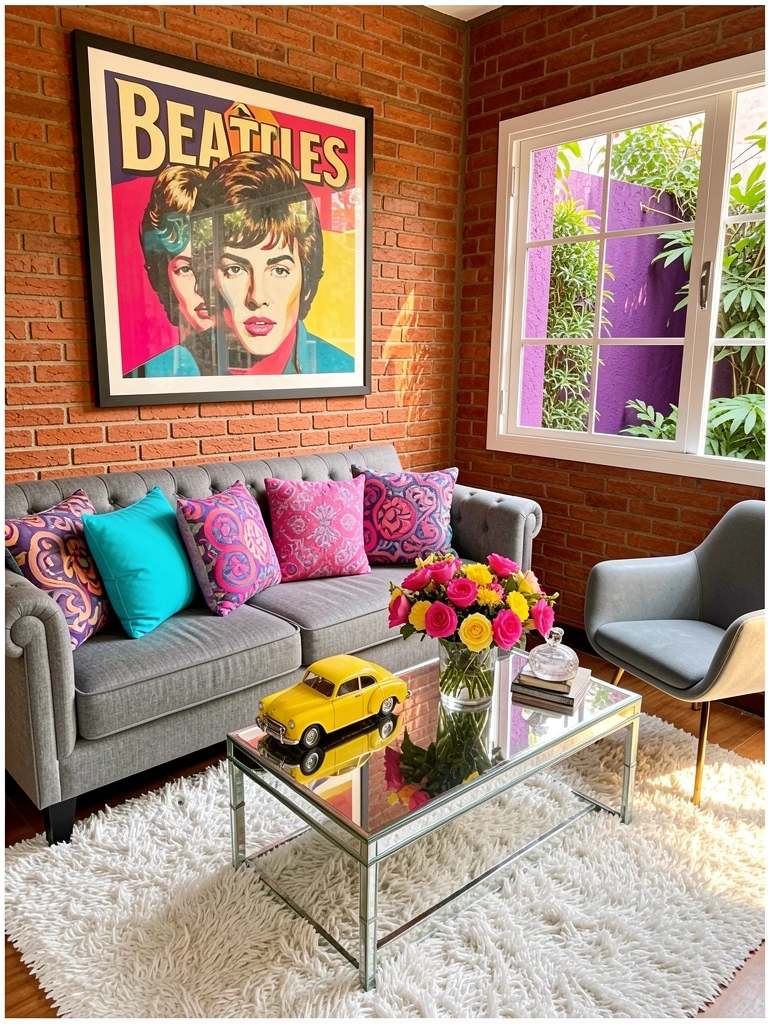 Sofá cinza com almofadas coloridas, mesa de centro espelhada com flores e carro amarelo, parede de tijolos com pôster dos Beatles, luz natural.
