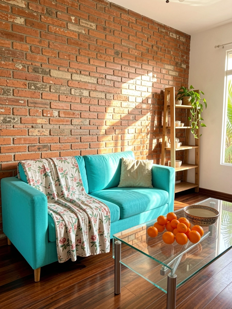Parede de tijolos vermelhos envelhecidos, sofá turquesa com manta floral, laranjas sobre mesa de vidro e prateleira de madeira com planta.