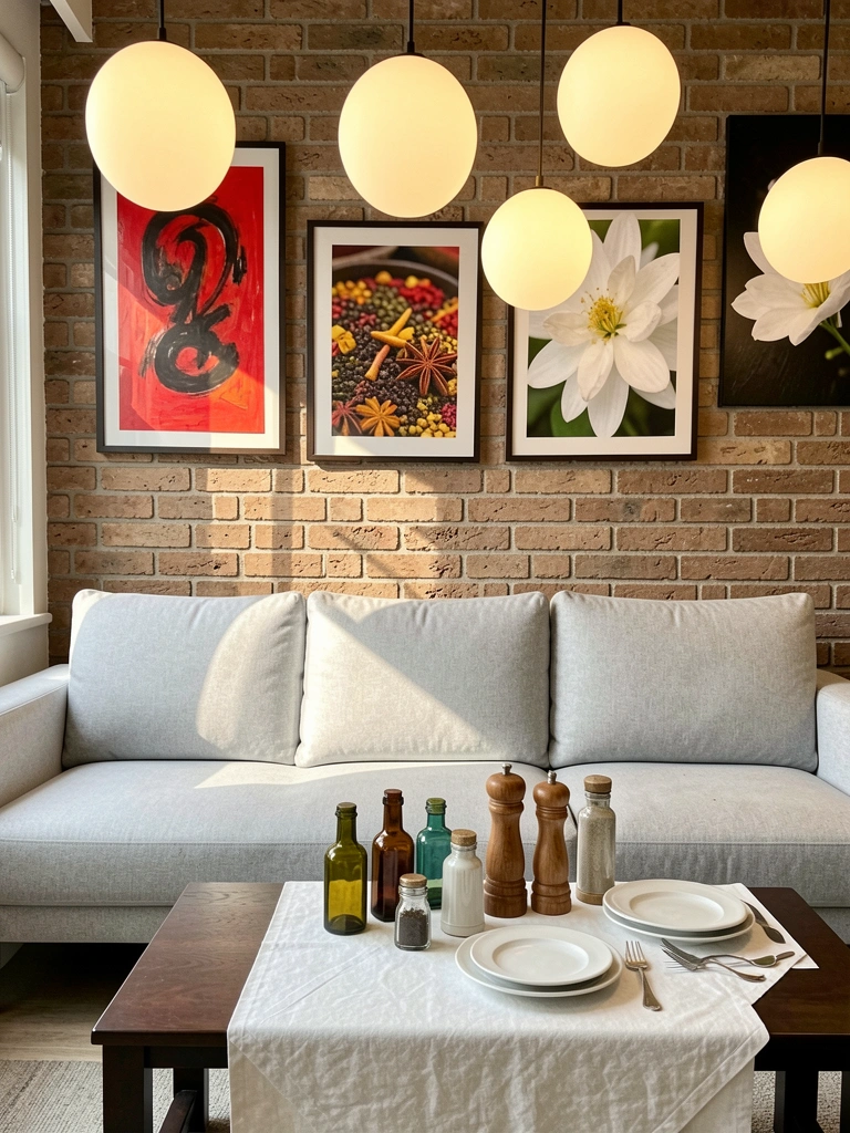 Lustres esféricos pendentes sobre sofá cinza claro e mesa de centro de madeira escura com toalha de linho branca, garrafas decorativas e moedor de madeira, parede de tijolos rústicos e quadros com arte abstrata vermelha e preta, especiarias e flor branca.