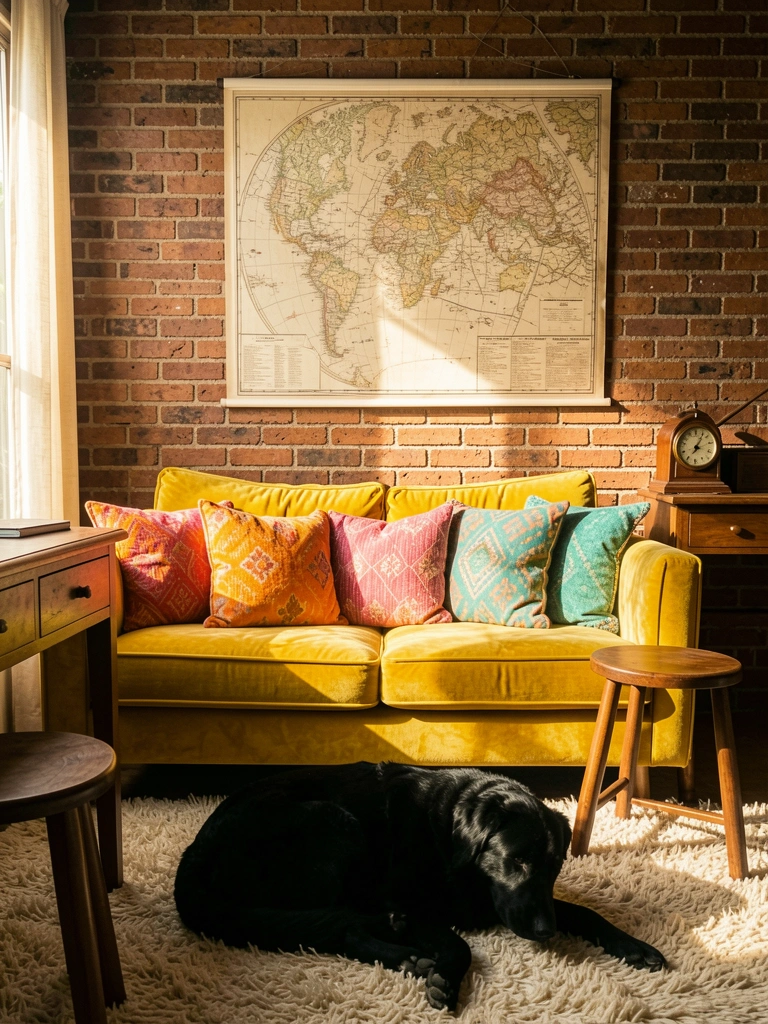 Texturas de tijolo avermelhado, sofá amarelo-veludo com almofadas coloridas e mapa vintage pendurado, luz natural suave.