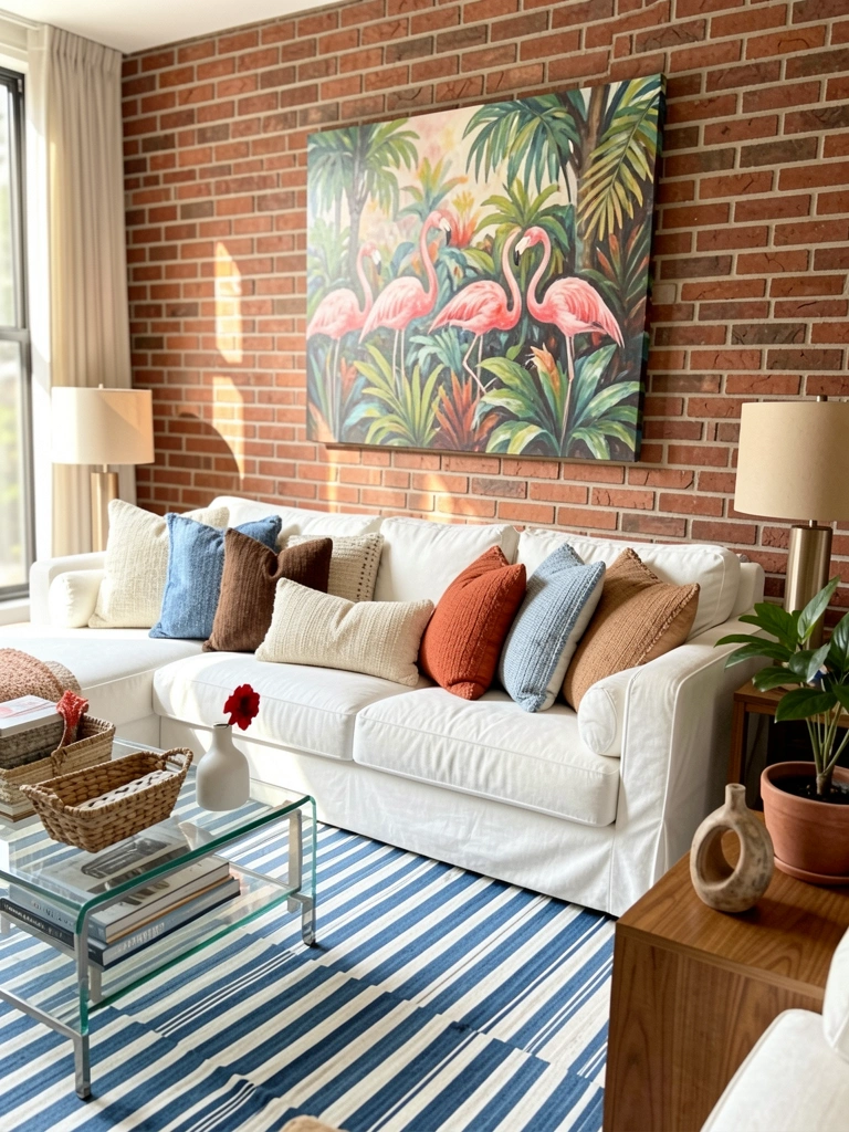 Sofá branco com almofadas azuis e terracota, quadro abstrato com flamingos, e mesa de vidro com cesto e livros.