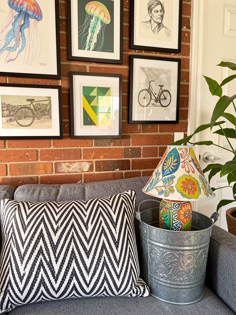 Sofá cinza com almofada xadrez preto e branco, parede de tijolos vermelhos com quadros emoldurados, balde metálico decorado com vaso e luminária, luz natural.