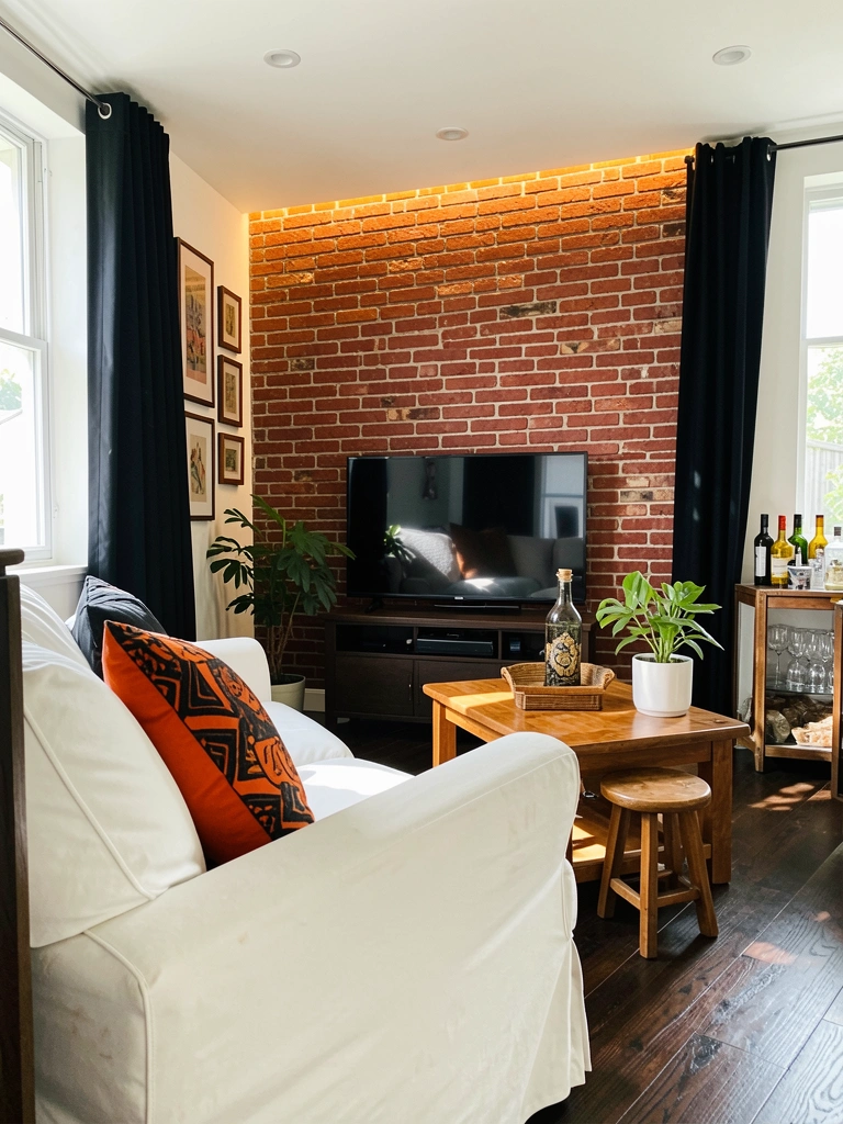 Parede de tijolos vermelhos iluminada por fita de luz horizontal, sofá branco com almofada laranja e preta, TV de moldura escura e mesa de centro de madeira com vaso e banquinho.