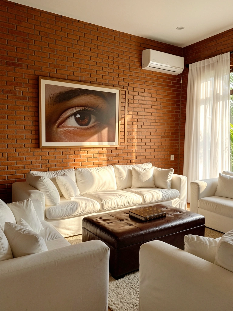 Parede de tijolos vermelhos texturizados, sofá branco volumoso, quadro de olhos, mesa de centro de couro marrom com livro Louis Vuitton, luz natural de janela com cortinas.