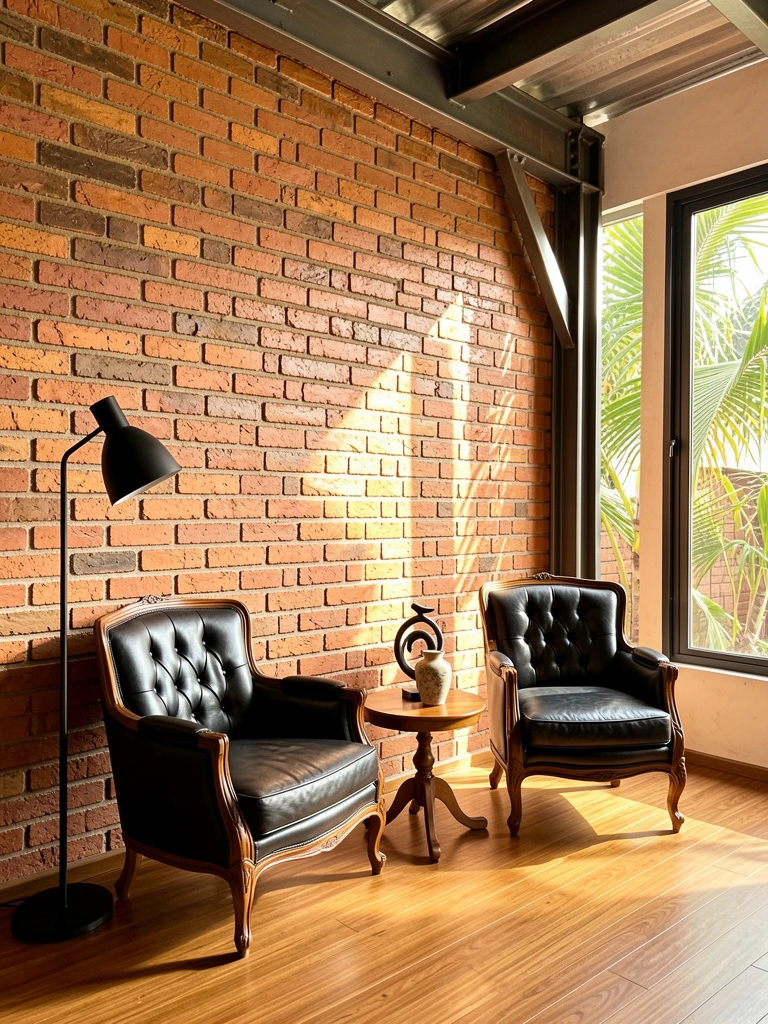 Parede de tijolos terracota com duas poltronas de couro preto, mesa redonda de madeira com vaso cerâmico e escultura metálica, luminária preta ao lado.
