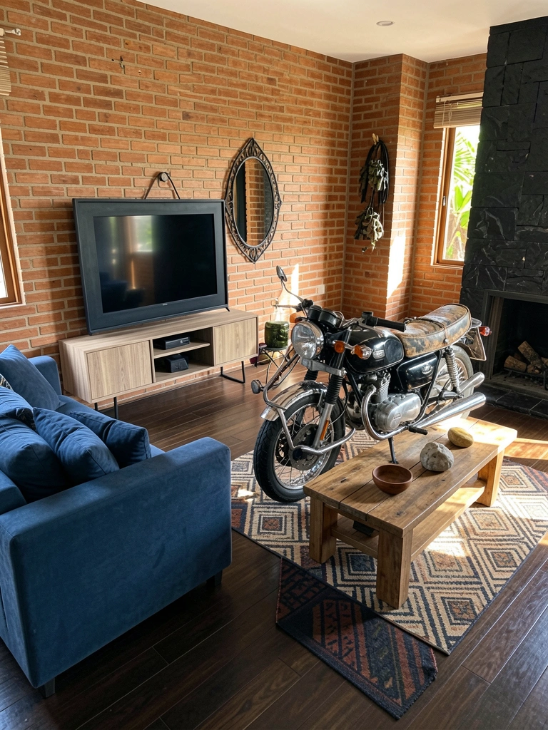 Luz natural incide sobre sofá azul escuro, parede de tijolos aparentes e mesa rústica com motocicleta vintage e cumbuca de madeira.