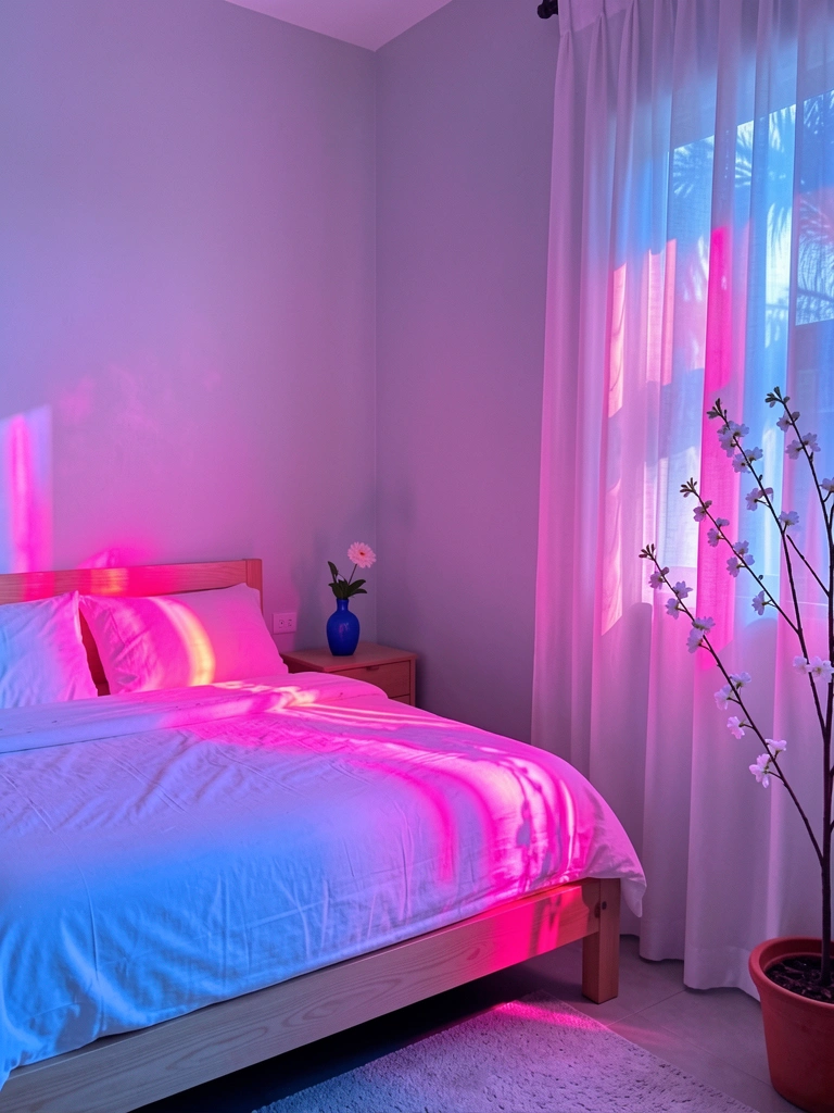 Cama de madeira clara com roupa de cama branca, cabeceira contra parede cinza iluminada por néon rosa e azul, criando um clima onírico.