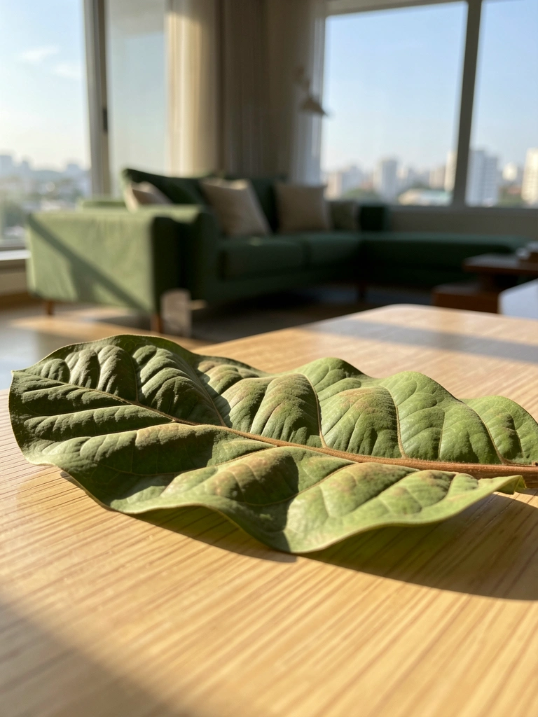 Folha de tabaco sobre mesa clara de madeira, com veias marcadas pela luz natural que entra pela janela; ao fundo, sofá verde e vista da cidade.