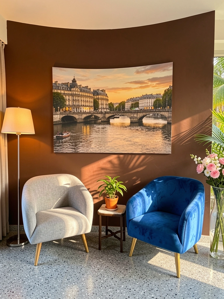 Pintura de parede curva com vista de Paris, poltronas cinza e azul, vaso com flores e luminária.