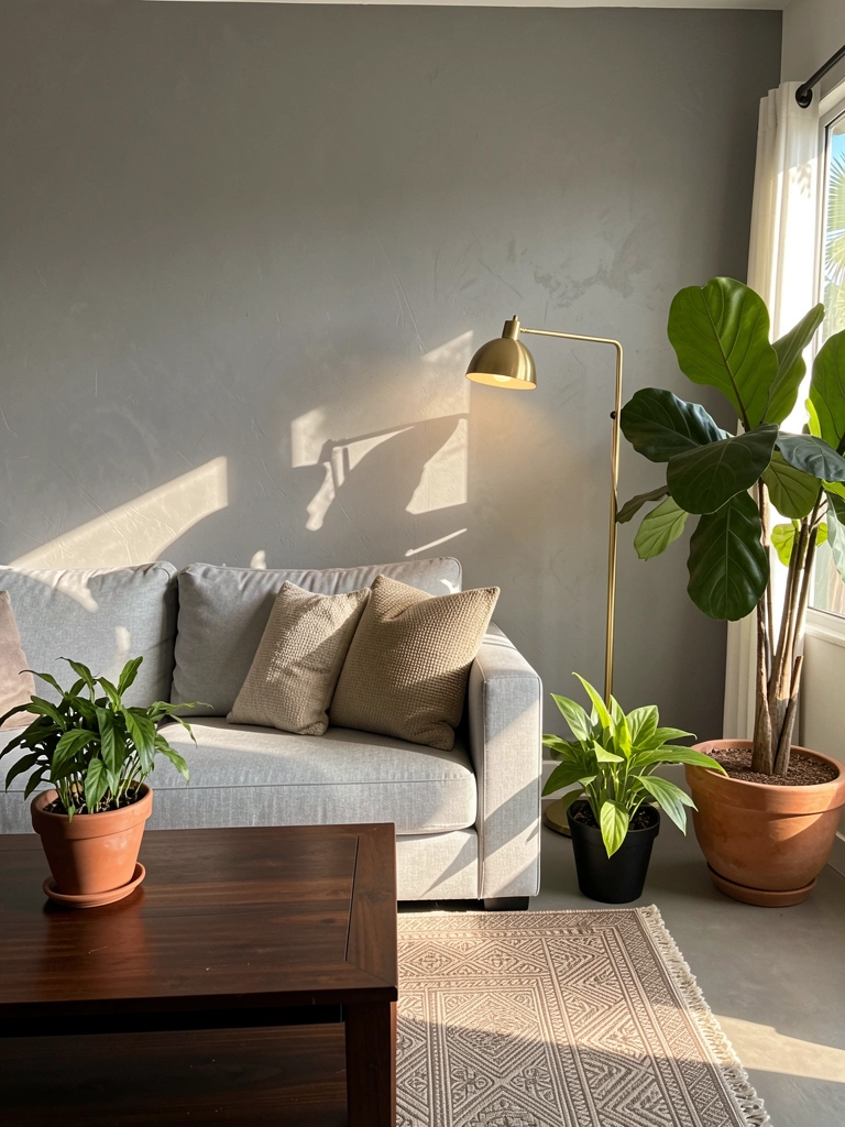 Luminária dourada fina projeta luz suave sobre parede cinza texturizada com sofá cinza claro e vasos de plantas.