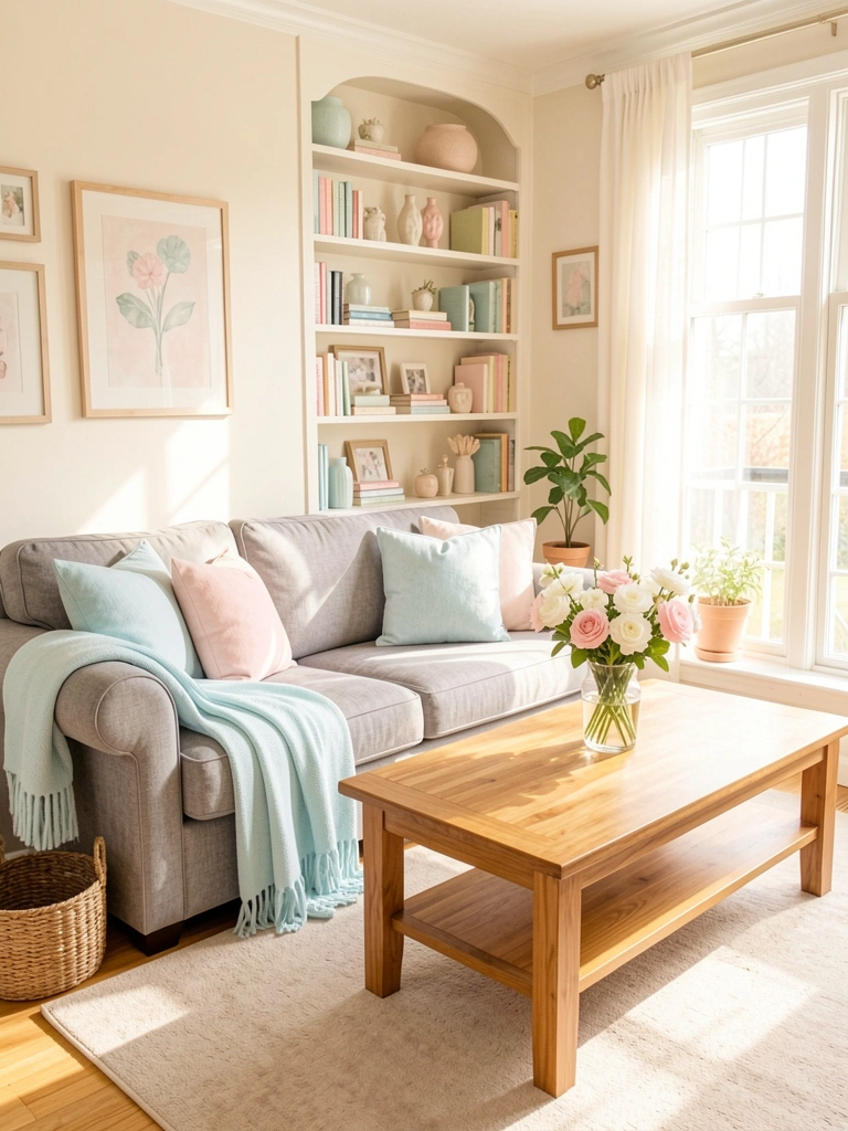 Luz natural incide sobre sofá cinza com almofadas azul-claro e rosa, mesa de centro de madeira com vaso de flores brancas e rosas, estante com livros e objetos.