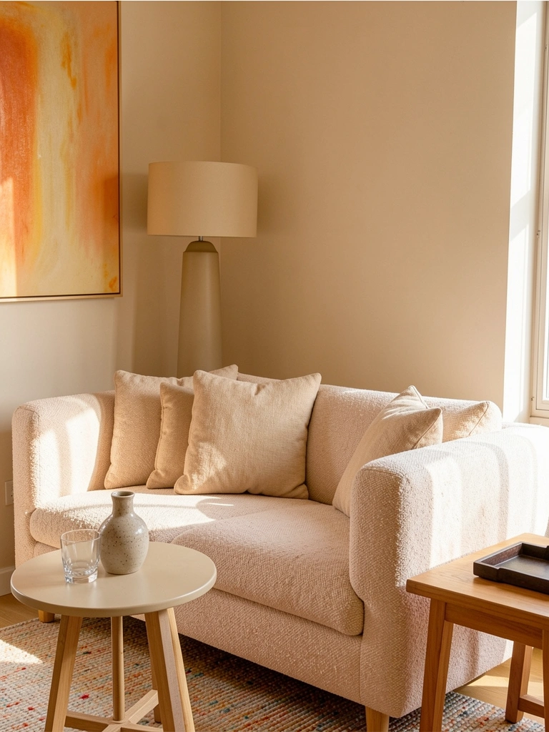 Luz difusa incide sobre sofá bege texturizado com mesa lateral redonda, copo e vaso cerâmico; abajur de chão e quadro abstrato laranja ao fundo.