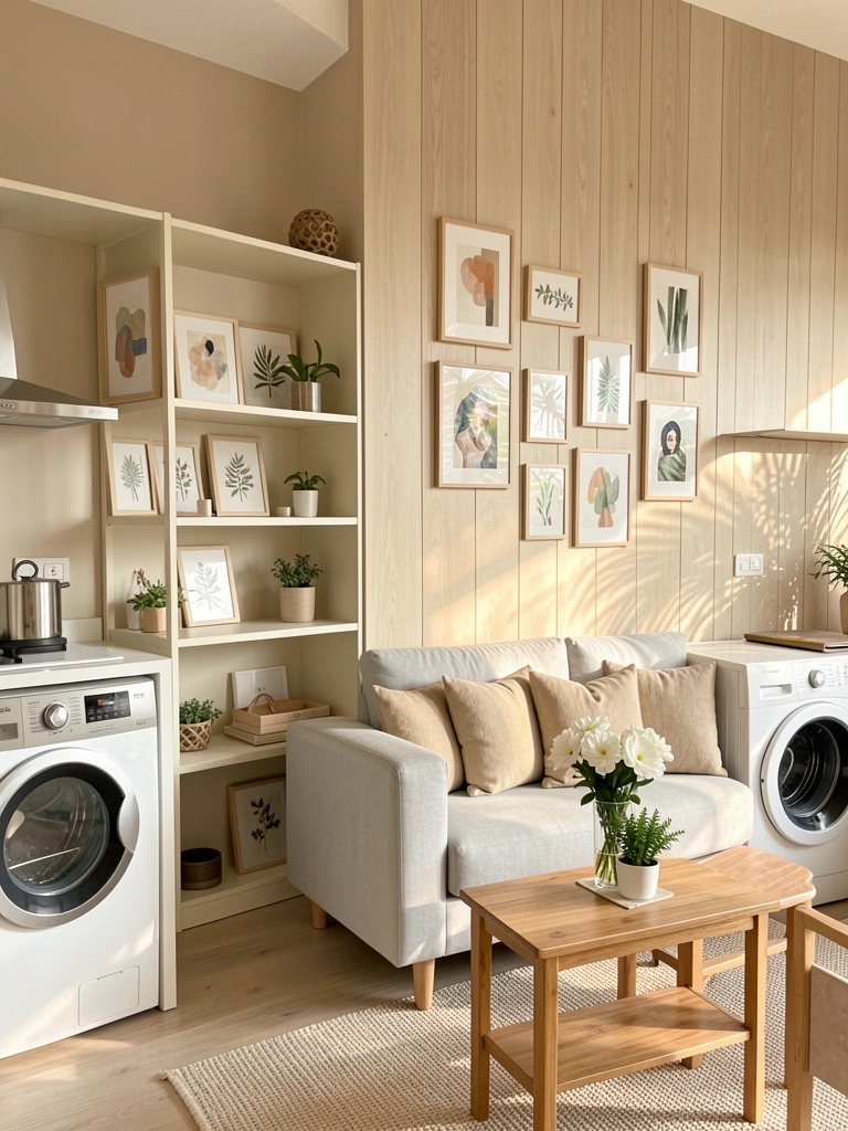 Prateleira off-white com quadros variados, ilha branca com fogão e sofá cinza claro em sala iluminada por luz natural.