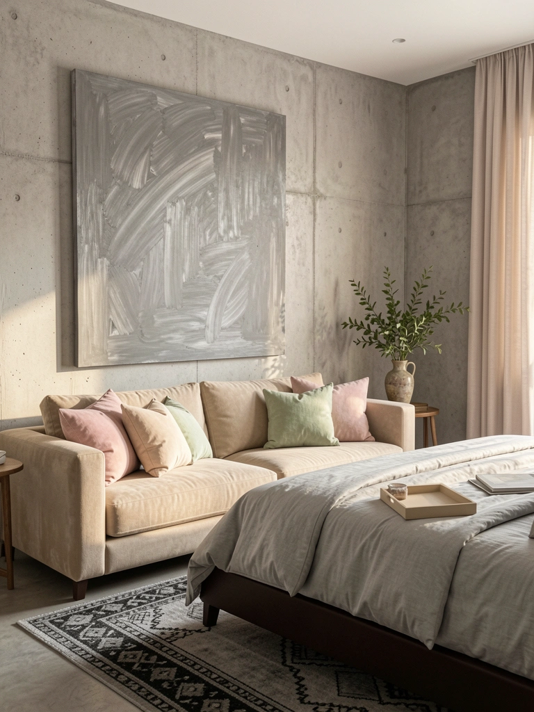 Luz natural incide sobre sofá bege com almofadas rosa claro, verde e bege, quadro cinza abstrato na parede e vaso com folhagem.