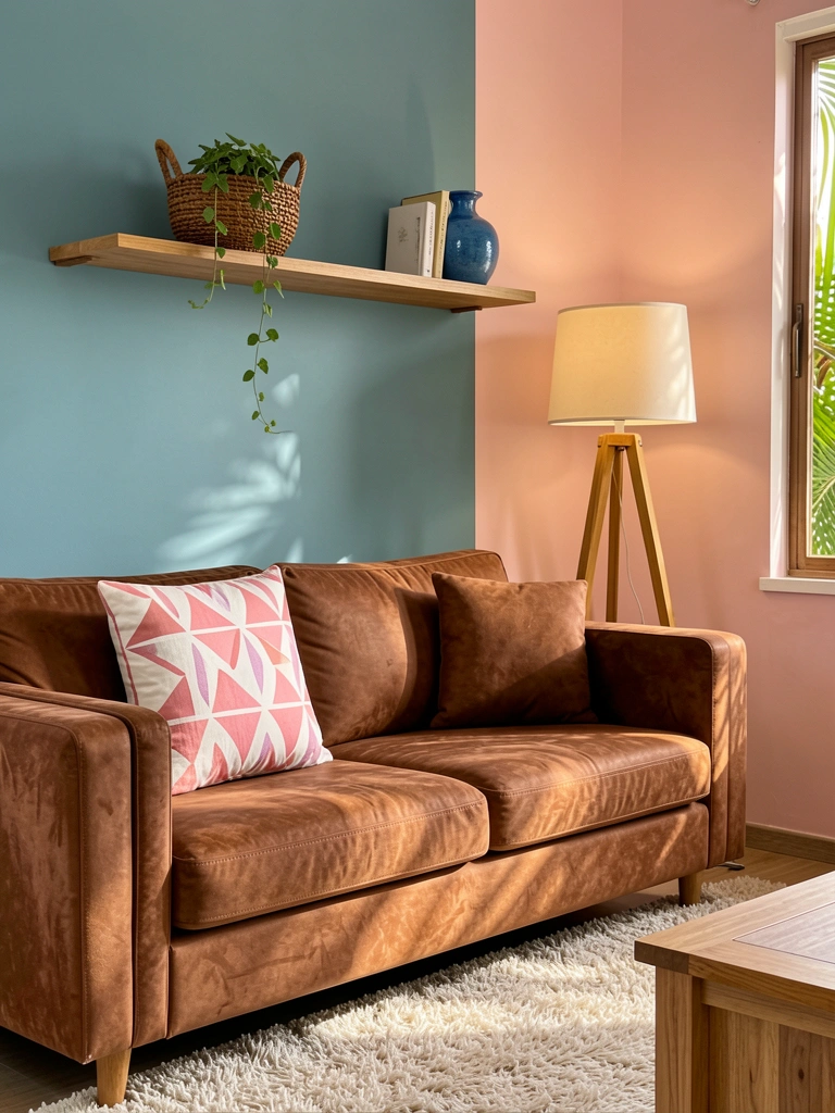 Sofá marrom suede com almofada geométrica branca e rosa, parede azul petróleo e rosa, abajur de tripé de madeira, cesto com planta pendente na prateleira.