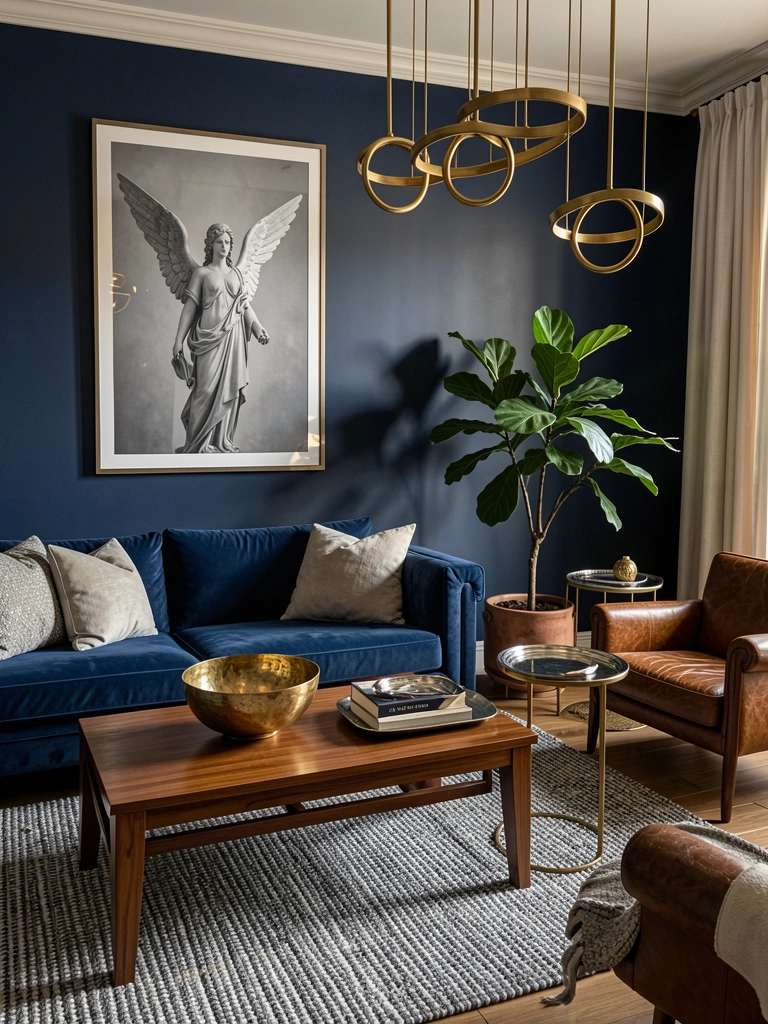 Parede azul-marinho com quadro de anjo em preto e branco, sofá azul veludo e luminária pendente dourada de argolas.