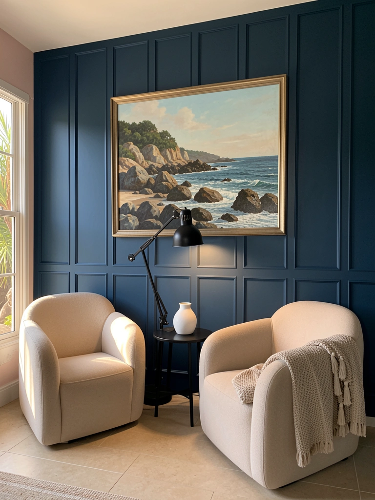 Parede painelada azul escura com pintura de paisagem costeira, duas poltronas bege, luminária preta entre elas, mesa lateral com vaso branco e manta sobre uma poltrona.