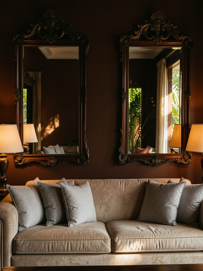Dois espelhos ornamentados de madeira escura e dourados refletem sofá bege com almofadas cinza, iluminados por abajures em sala com parede marrom e luz solar difusa.