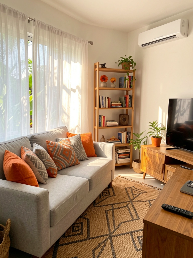 Luz natural incide sobre sofá cinza claro com almofadas laranja e cinza, tapete geométrico e estante de madeira com livros e flor.