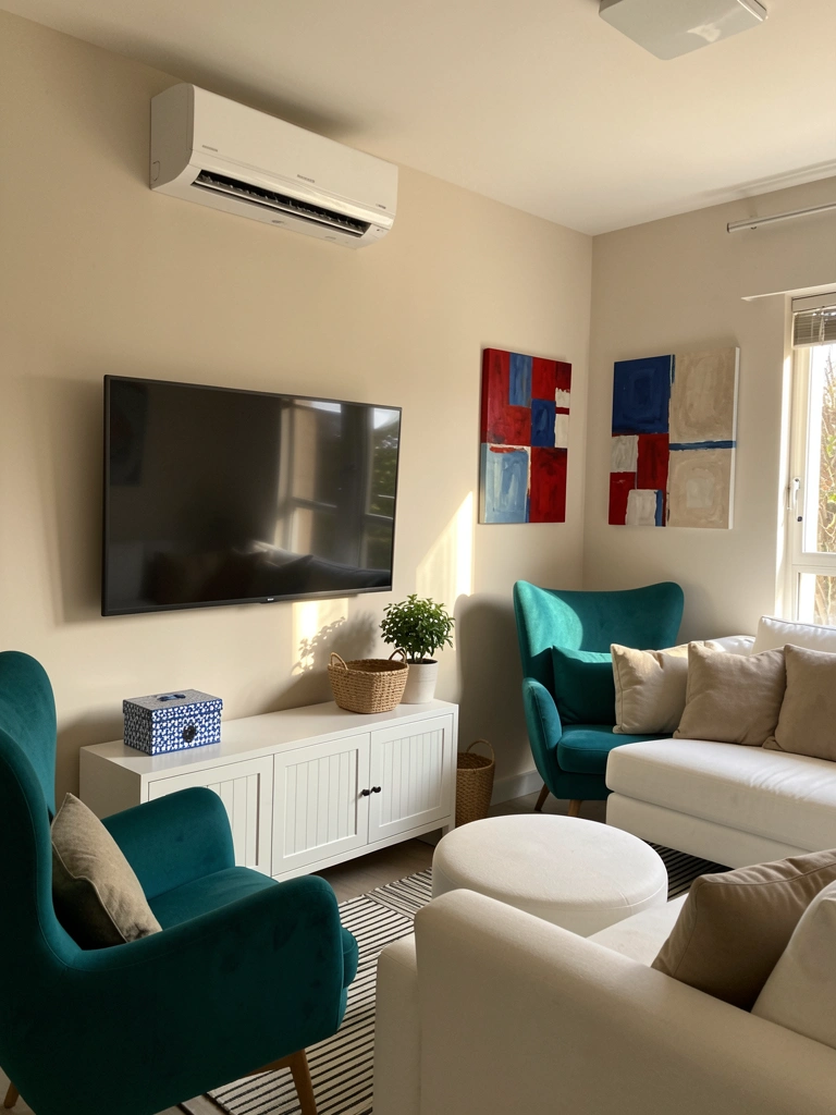 Sofá branco com almofadas beges e poltronas teal ovais, televisão na parede clara, luz natural entrando pela janela.