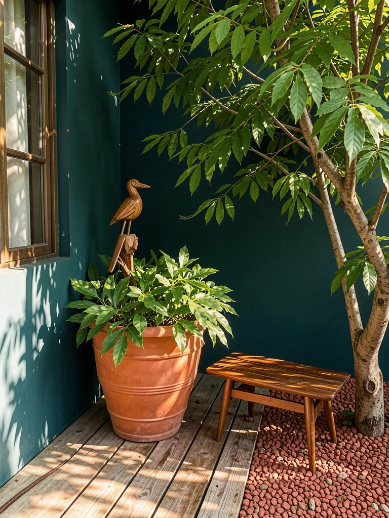 Vaso grande de terracota com folhagem verde sobre deck de madeira desgastada contra parede azul-petróleo, banco de madeira moderno e pássaro de madeira estilizado, com luz solar criando sombras manchadas.