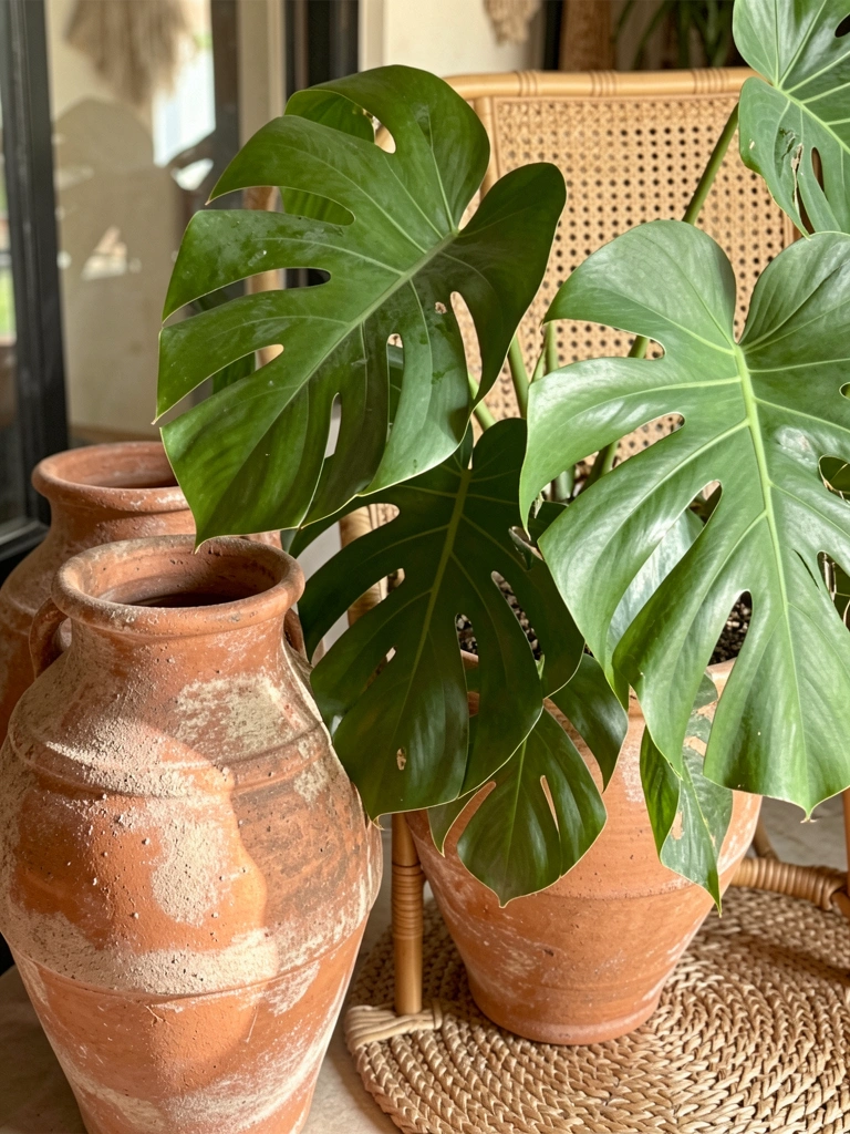 Vaso de terracota texturizado ao lado de cadeira de rattan e folhas de Monstera, luz natural destacando as texturas.