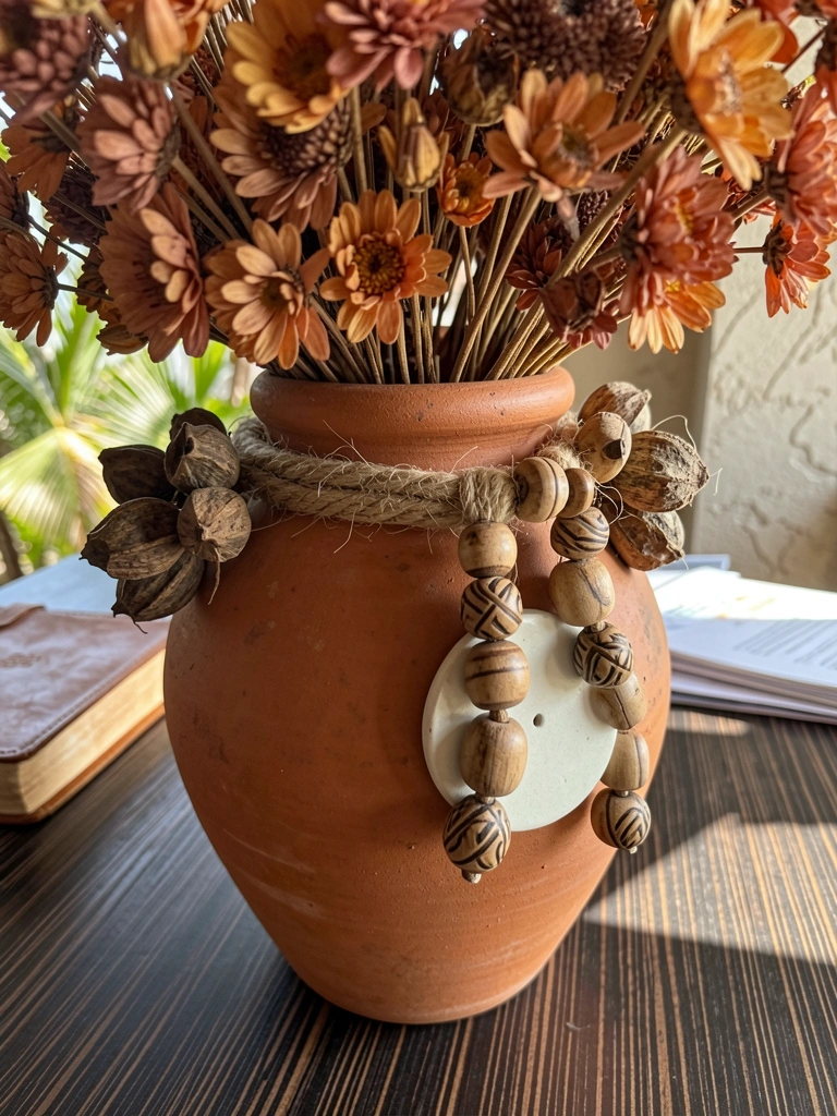 Vaso de terracota rústico com corda de juta, contas de madeira e disco de cerâmica, sobre mesa de madeira escura com livros ao fundo, luz natural quente.