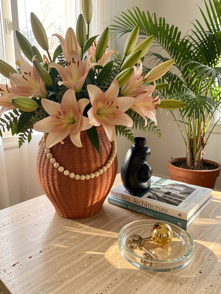 Vaso de terracota trançado com lírios rosas e folhagens sobre mesa de travertino, ao lado de vaso preto, livros e chaveiro dourado refletindo a luz do sol.