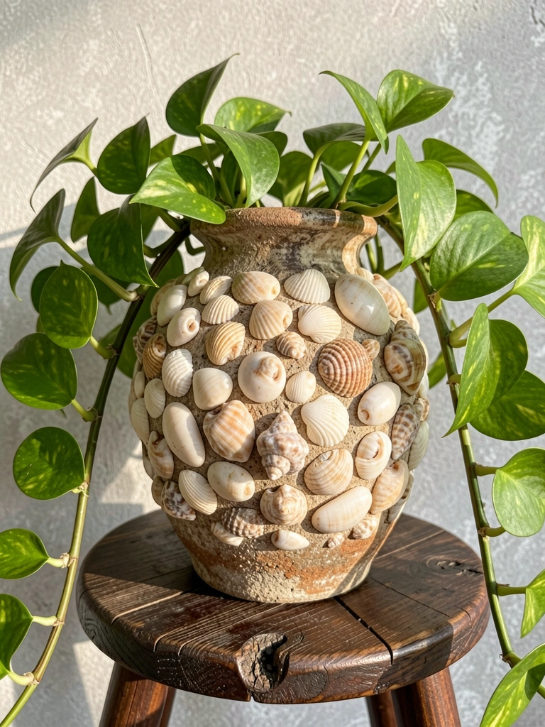 Vaso rústico de cerâmica envelhecido com conchas em tons neutros, entre folhas verdes de jiboia, sobre banco de madeira escura, luz natural.