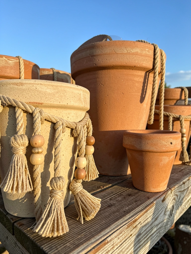 Vasos de terracota rústicos em várias alturas, alguns com corda natural e pingentes, sobre mesa de madeira desgastada, luz dourada do fim da tarde e céu azul ao fundo.