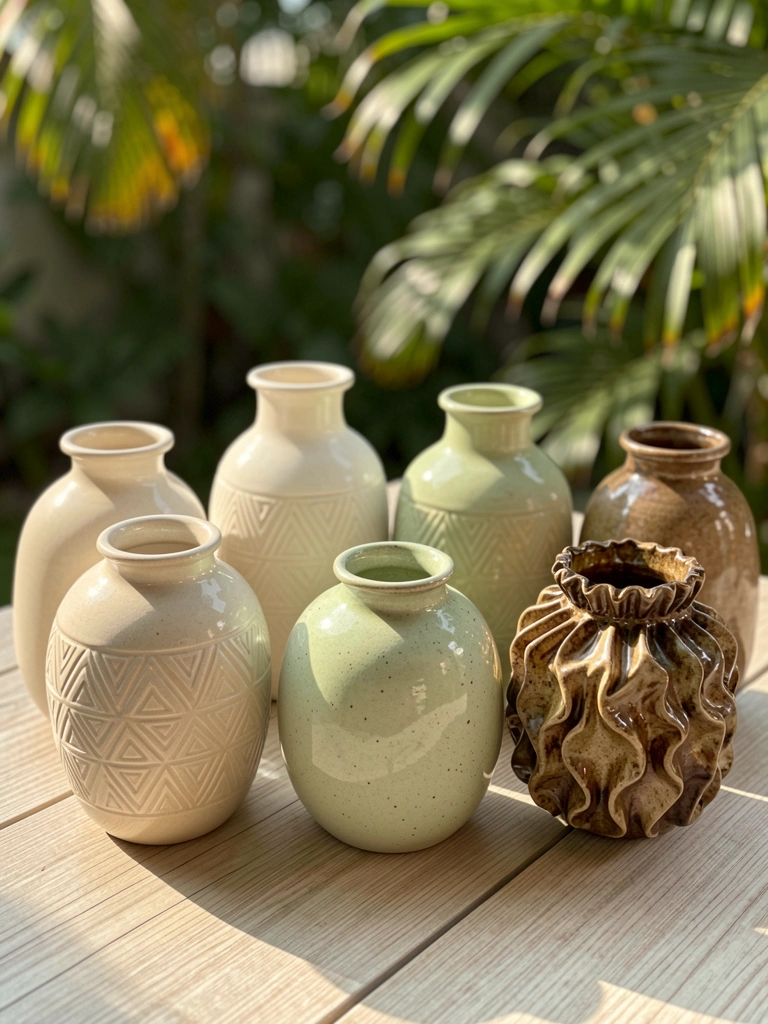 Vasos de cerâmica artesanais em tons neutros e verdes claros sobre superfície de madeira, com luz natural filtrada por folhagens.