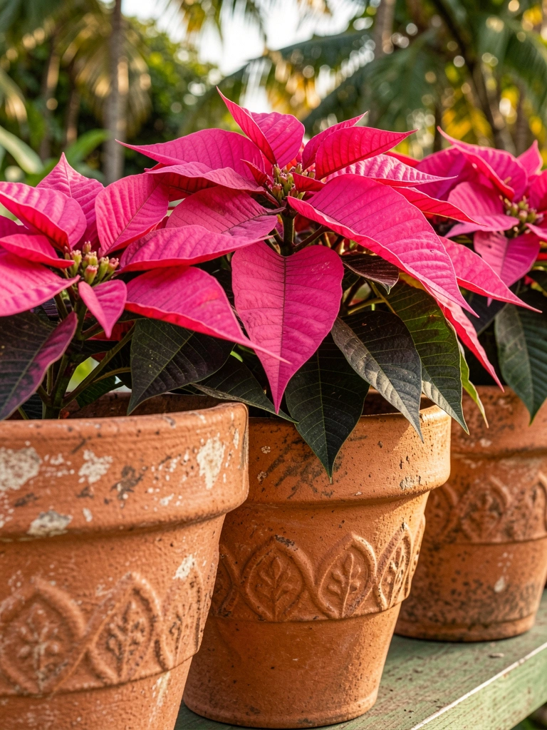 Três vasos de terracota com poinsétias rosa vibrantes, luz natural filtrada por folhagens ao fundo.
