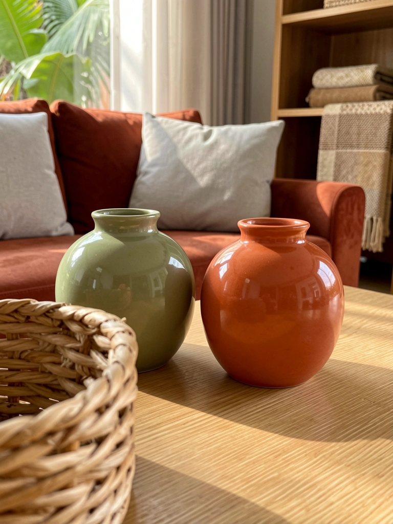 Luz natural incide sobre dois vasos cerâmicos verde-oliva e terracota em mesa de carvalho claro, com cesto trançado desfocado e sofá terracota ao fundo.