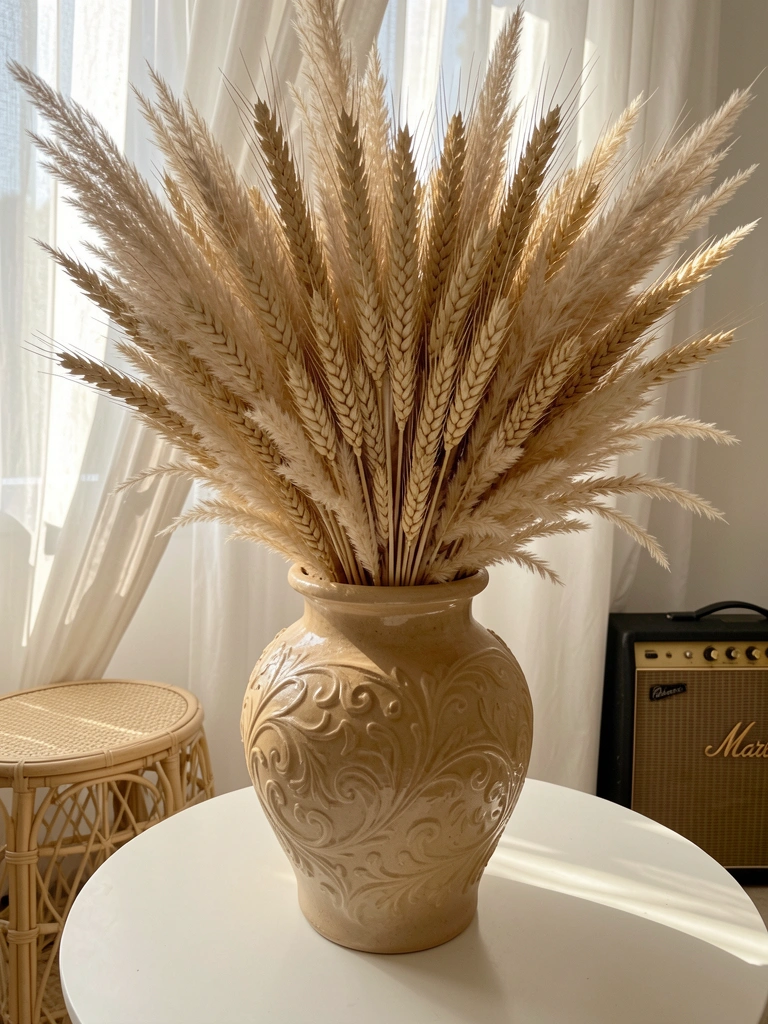 Vaso de cerâmica bege esculpido com penachos de capim-dos-pampas e trigo secos, sobre mesa redonda branca, com cortinas e amplificador ao fundo, iluminado por luz natural.