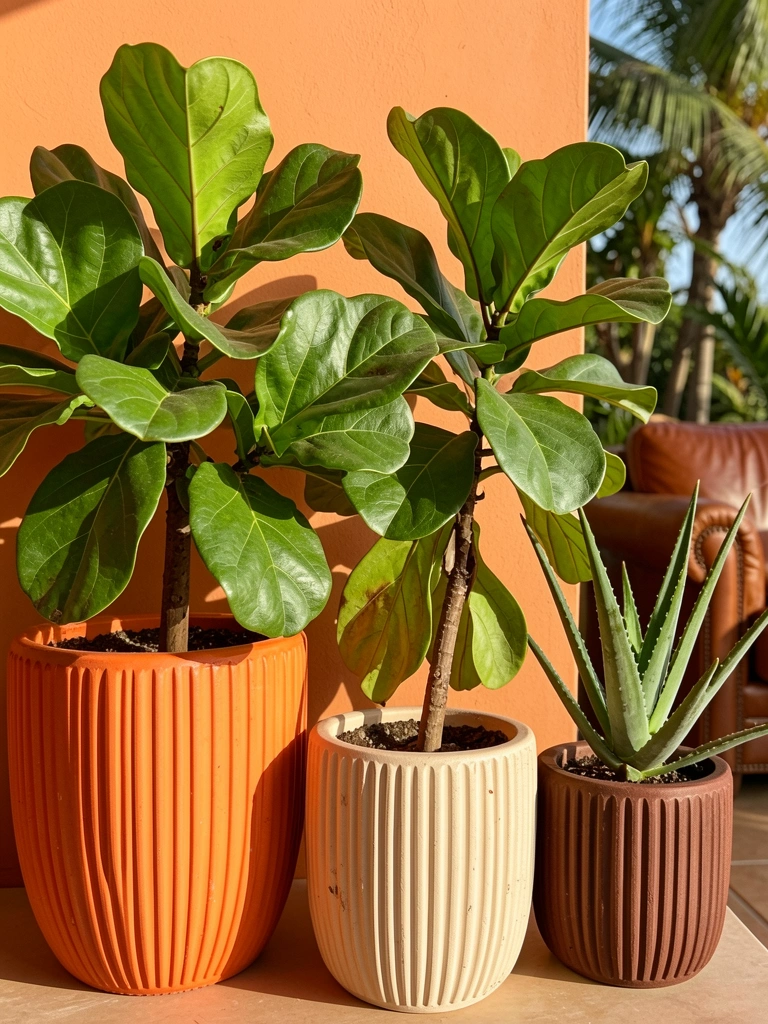 Vasos de terracota com folhagens verdes contra parede laranja, luz natural quente e poltrona de couro ao fundo.