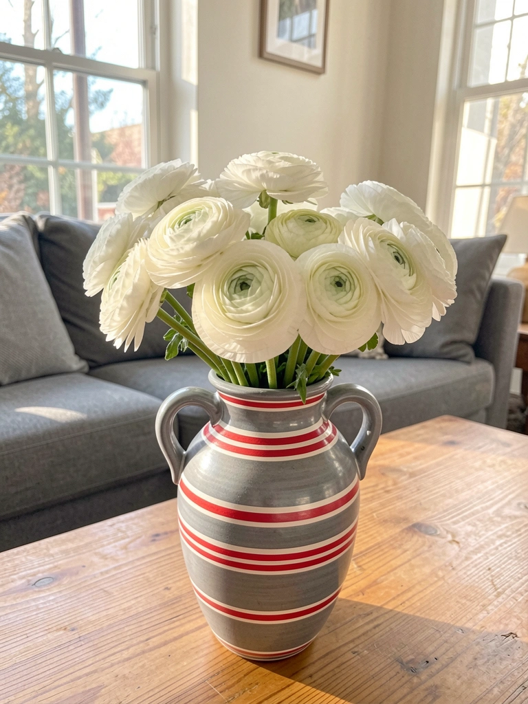 Vaso listrado cinza com alças curvas, hastes de ranúnculos brancos sobre mesa de madeira, luz natural de janela ampla e sofá cinza ao fundo.