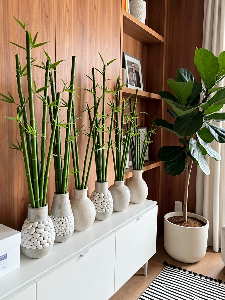 Vasos de cerâmica branca com bambus verdes e pedras brancas em prateleira sobre parede de madeira, planta de folhas largas ao lado, luz natural suave.