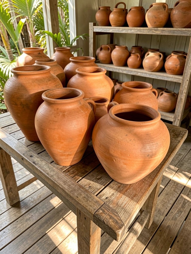 Vasos de cerâmica terracota em diferentes alturas sobre mesa de madeira e chão, luz natural quente e prateleira rústica ao fundo.