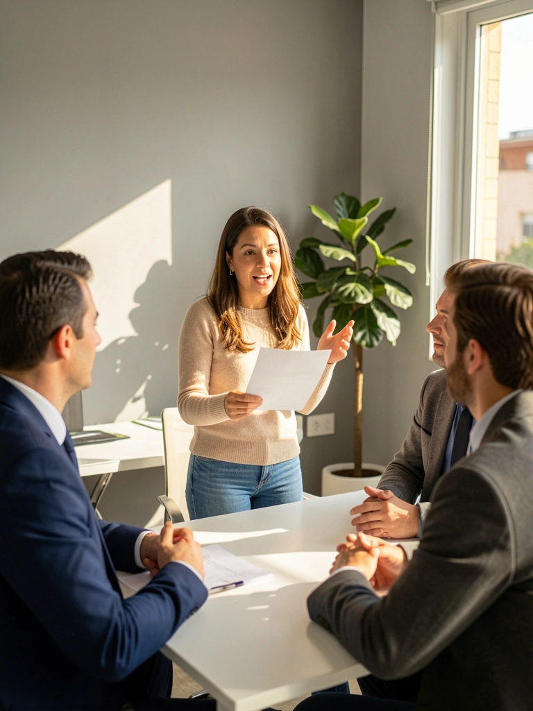 Mulher de suéter bege e jeans gesticula em reunião com três homens de terno, escritório claro com vaso de planta e luz natural.