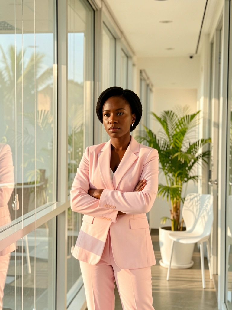 Mulher negra de terno rosa claro em corredor de escritório com grandes janelas de vidro, planta em vaso sobre cadeira branca ao fundo, luz natural suave.