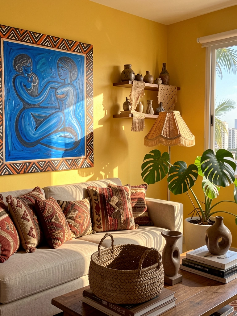 Pintura abstrata azul com figuras estilizadas sobre sofá bege, almofadas vermelhas e marrons, cesto de vime na mesa de madeira, vaso de cerâmica e livros empilhados, piso de madeira.