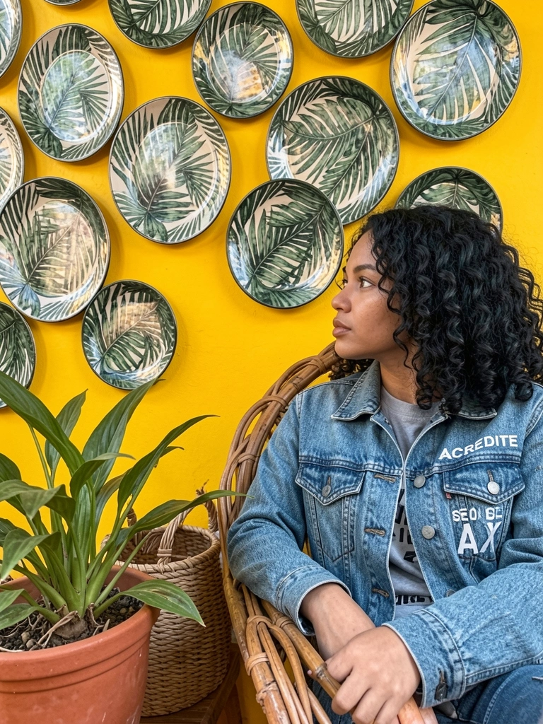 Mulher de cabelo cacheado e jaqueta jeans sentada em cadeira de vime ao lado de cesto trançado, parede amarela com pratos cerâmicos de folhas tropicais, vaso de terracota em primeiro plano, luz natural.