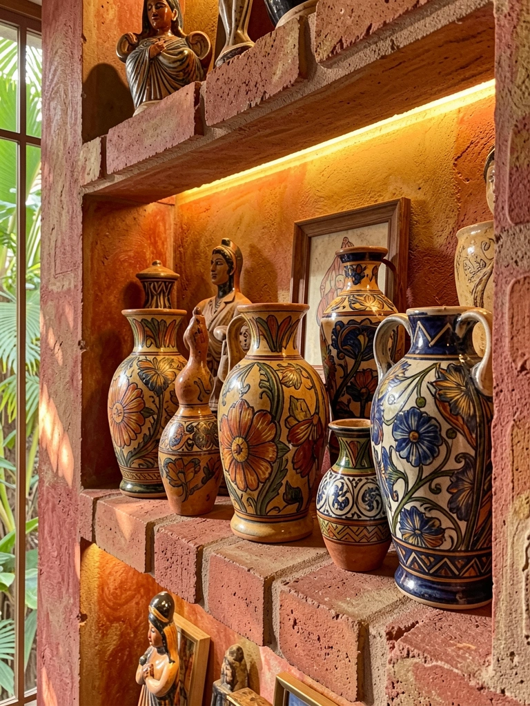 Vasos de cerâmica pintados à mão em tons de terracota, ocre e azul escuro em prateleiras de tijolo iluminadas por luz dourada, com figuras e obras de arte entre eles.