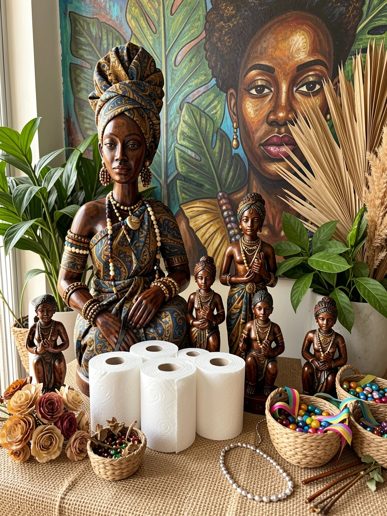 Mesa com estátua de madeira africana adornada, rolos de papel higiênico decorativos e mural retratando mulher negra com folhas.
