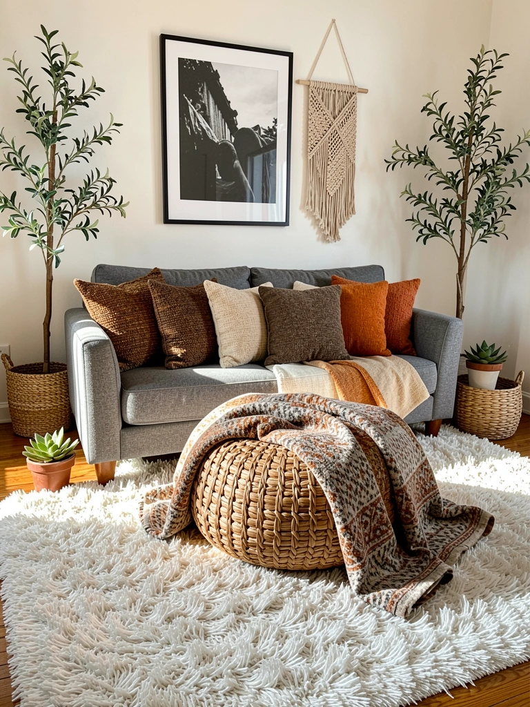 Sofá cinza com almofadas marrons, bege e laranja sobre tapete branco felpudo, pufe de vime com manta estampada, quadro preto e branco e planta alta à luz natural.