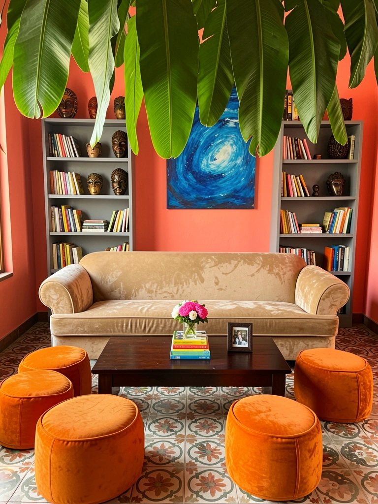 Sofá de veludo bege com almofadas laranja, mesa de centro de madeira escura com livros coloridos e vaso de flores, estantes cinzas com quadros azuis e folhagens suspensas, parede coral e piso floral.